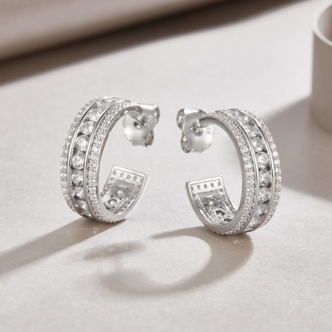 picture of three row diamond silver hoop earring