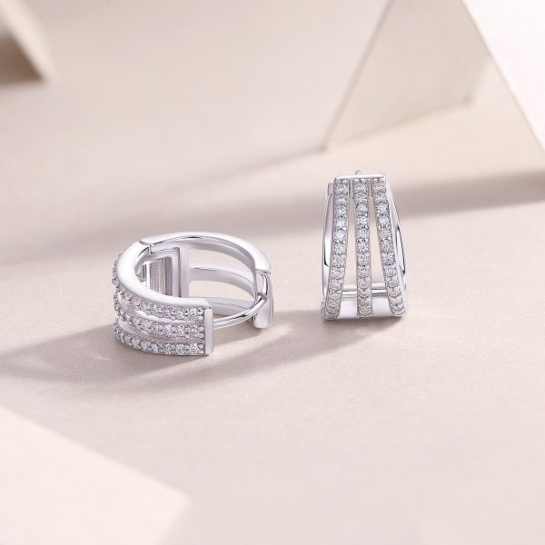 three row moissanite silver hoop earrings