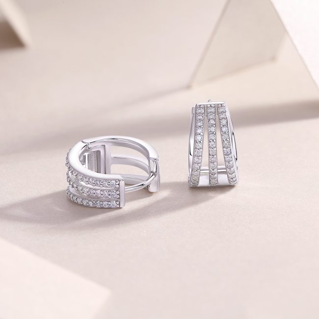 three row moissanite silver hoop earrings