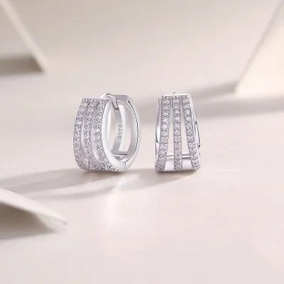 three row moissanite silver hoop earrings