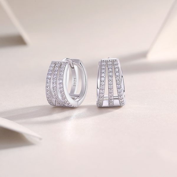 three row moissanite silver hoop earrings