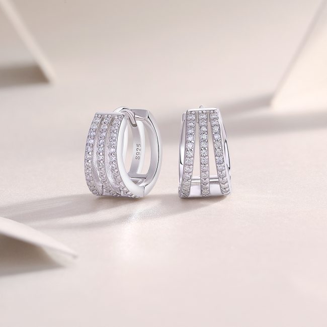three row moissanite silver hoop earrings