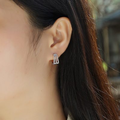 three row moissanite silver hoop earrings