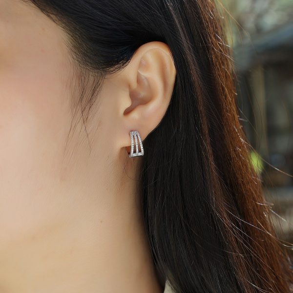 three row moissanite silver hoop earrings