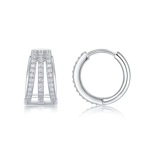 three row moissanite silver hoop earrings