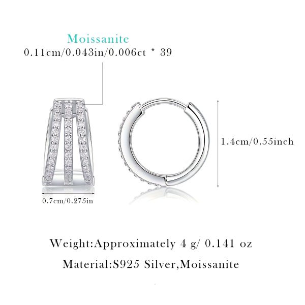 three row moissanite silver hoop earrings