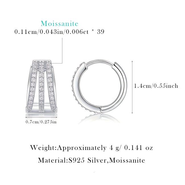 three row moissanite silver hoop earrings