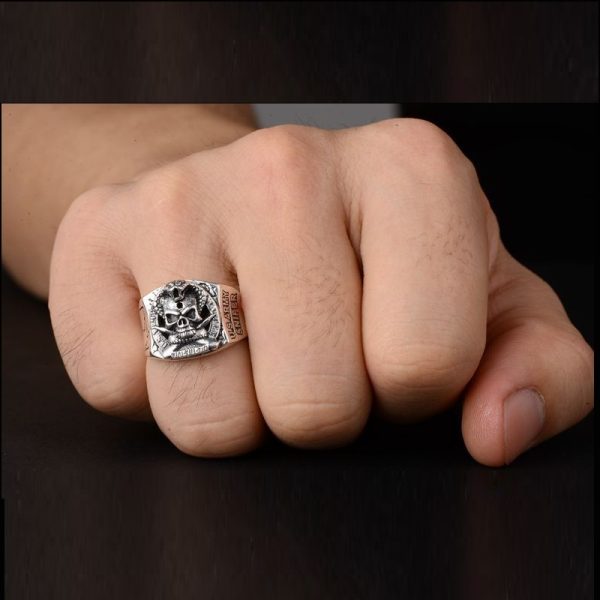 US Army Sniper Cobra Skull Sterling Silver Ring For Men, wear view, hand-made
