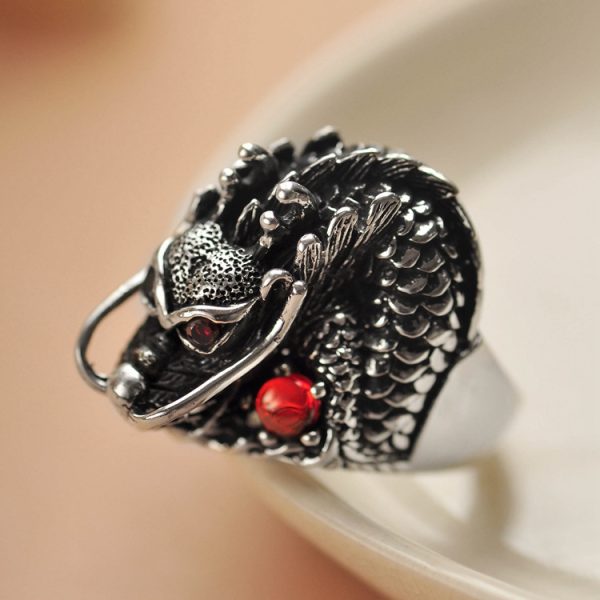 Gothic Sterling Silver For Men, Dragon Red Zircon Eye, left view