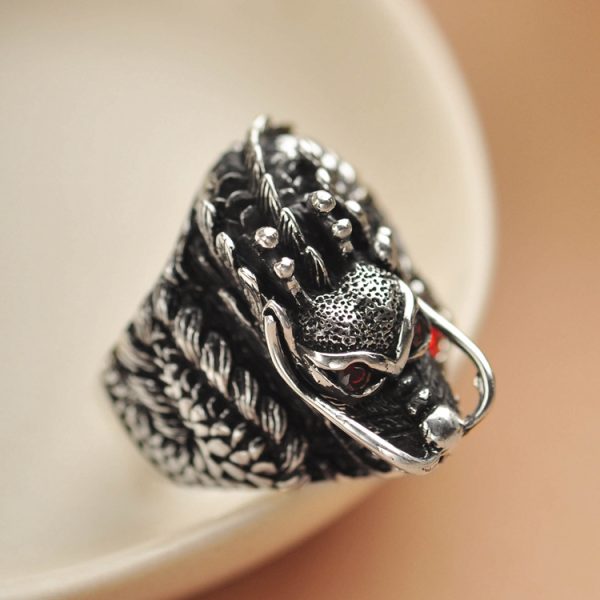 Gothic Sterling Silver For Men, Dragon Red Zircon Eye, Top view