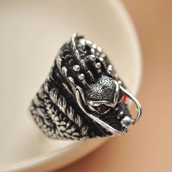 Gothic Sterling Silver For Men, Dragon Red Zircon Eye, Top view