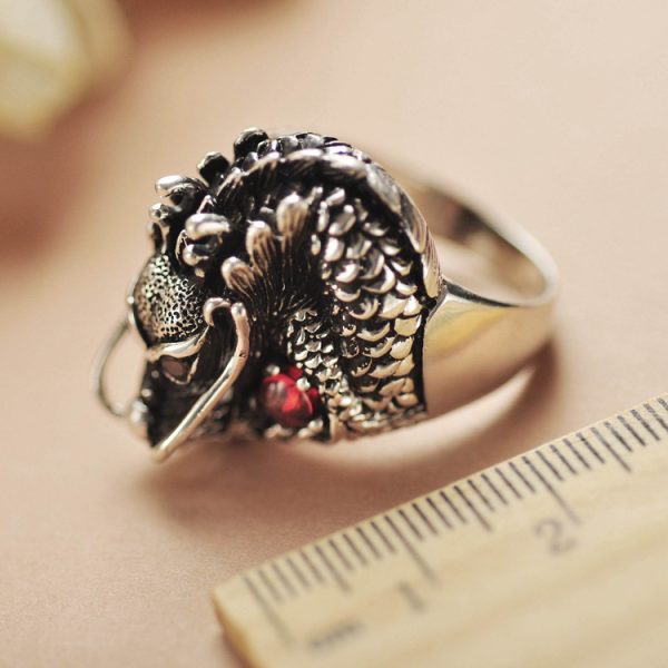 Gothic Sterling Silver For Men, Dragon Red Zircon Eye, detail view