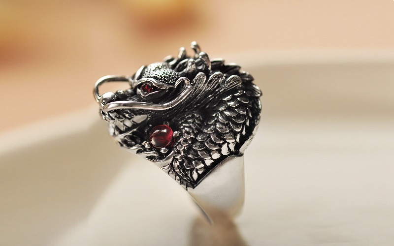 Gothic Ring Sterling Silver Dragon Red Zircon Eye