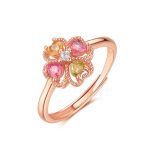 Anillo de turmalina con trébol de cuatro hojas, plata chapada en oro.