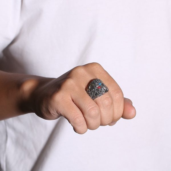 Demon Buddha Ring For Men Silver Punk Band