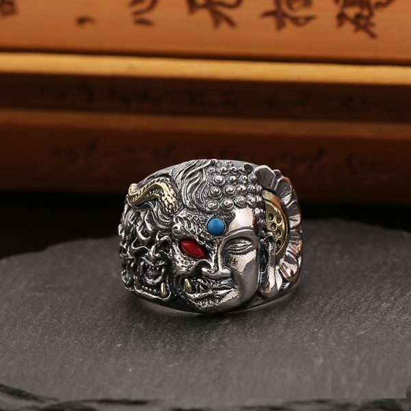 Demon Buddha Ring For Men Silver Punk Band