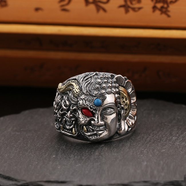 Demon Buddha Ring For Men Silver Punk Band