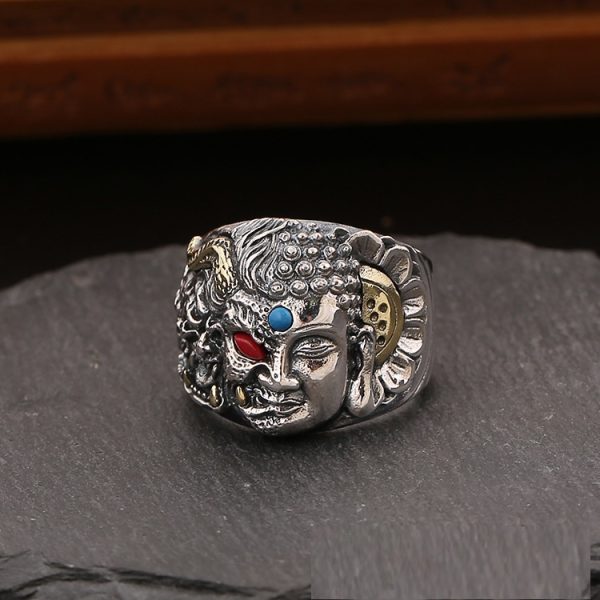 Demon Buddha Ring For Men Silver Punk Band - Image 5