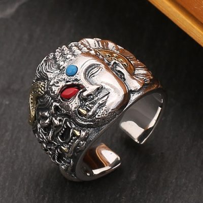 Demon Buddha Ring For Men Silver Punk Band