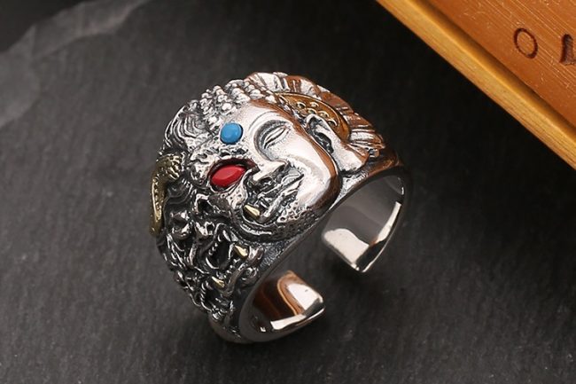 Demon Buddha Ring For Men Silver Punk Band