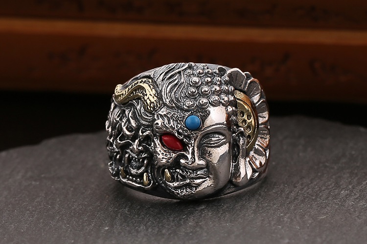 Demon Buddha Ring For Men Silver Punk Band front view