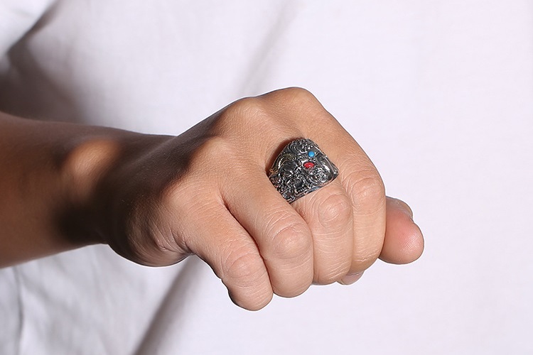 Demon Buddha Ring For Men Silver Punk Band wear view
