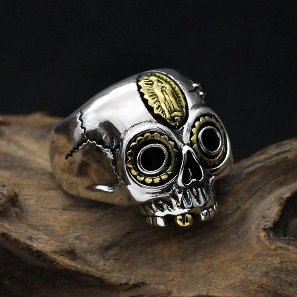 Mens Sterling Silver Ring of Golden Madonna Skull left view