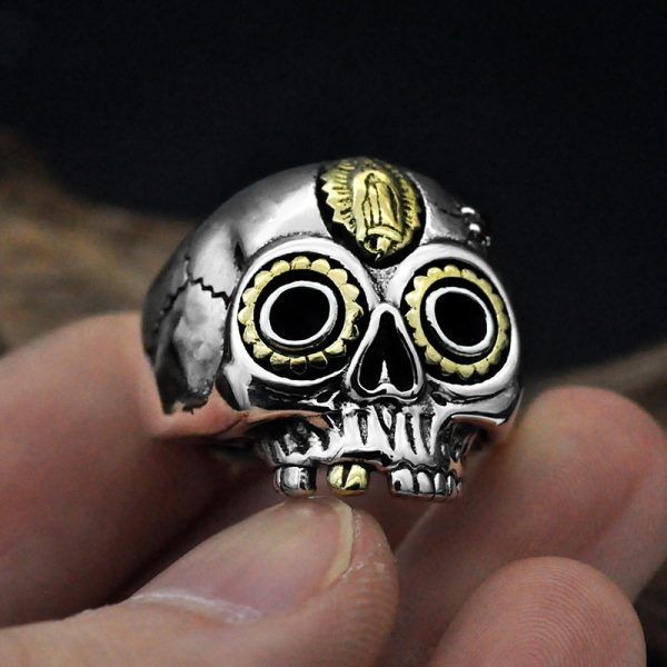 Golden Madonna Skull Ring Open Sterling Silver Band, front detail view