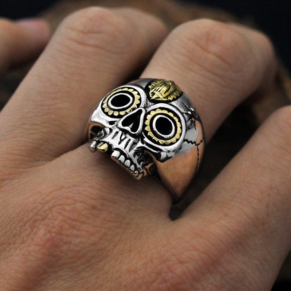 Mens Sterling Silver Ring of Golden Madonna Skull, Open Sterling Silver Band, weight about 14.8g