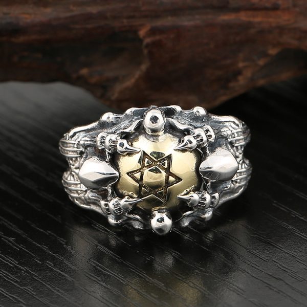 Hexagram claws sterling silver ring for men, front view