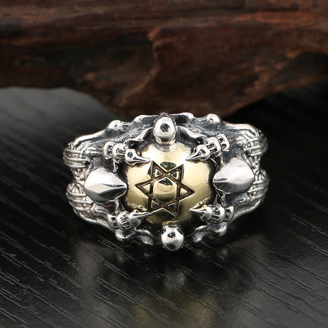 Hexagram claws sterling silver ring for men, front view