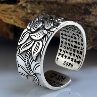 Lotus Sterling Silver Ring For Men, Open Vintage Band, surface carved lotus, weight about 7.6g