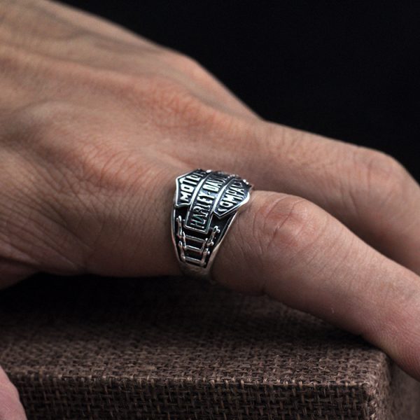 Harley Sterling Silver Ring For Men, Silver Biker Ring Wear View, Open size, adjustable