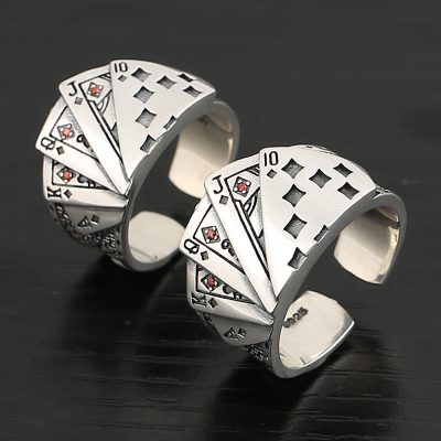 Punk Style Playing Card Sterling Silver Ring For Men, open Adjustable