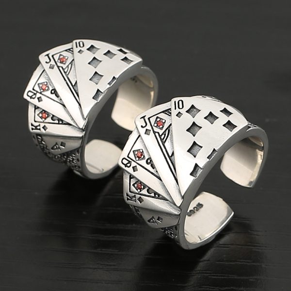Punk Style Playing Card Sterling Silver Ring For Men, open Adjustable