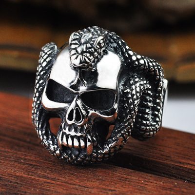 Snake Skull Ring Adjustable Silver Band front view