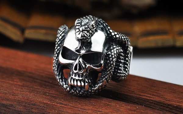 Snake Skull Ring Adjustable Silver Band front view