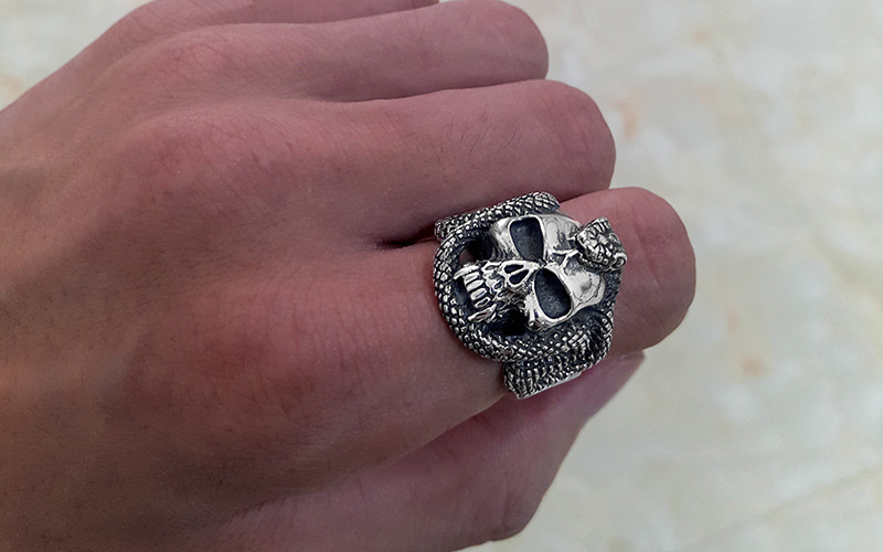 Snake Skull Ring Adjustable Silver Band wear view