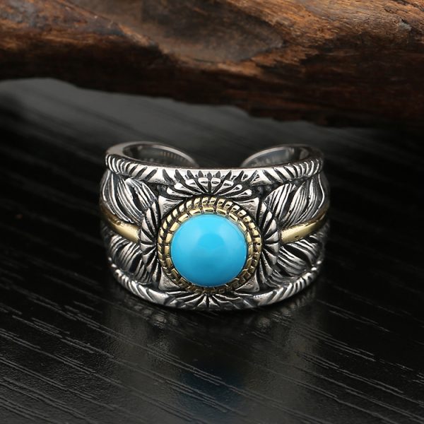 Turquoise Feather Ring Sterling Silver Band Front View