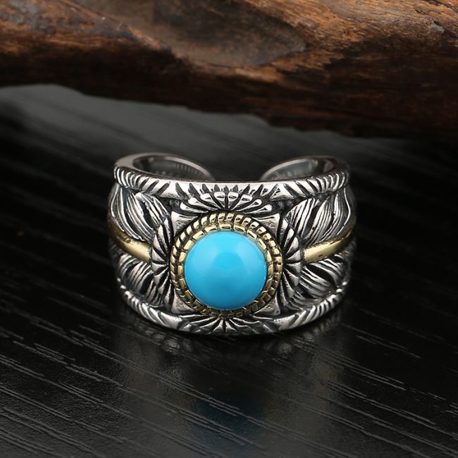 Turquoise Feather Ring Sterling Silver Band Front View
