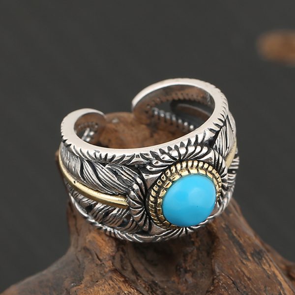 Turquoise Feather Ring Sterling Silver Band - Image 3
