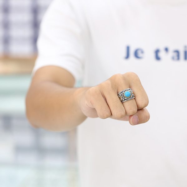 Turquoise Feather Ring Sterling Silver Band Wear View