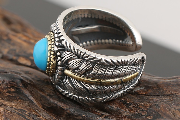 Turquoise Feather Ring Sterling Silver Band side view