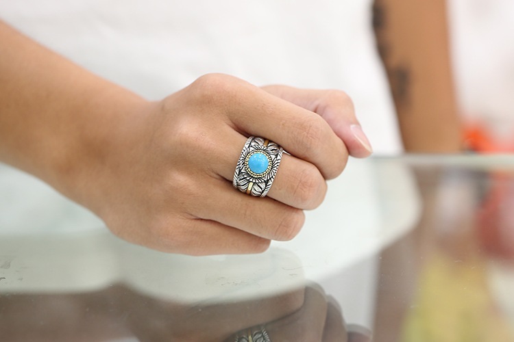 Turquoise Feather Ring Sterling Silver Band wear view