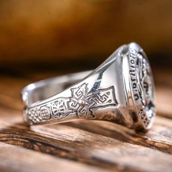 Retro Virgin Mary sterling silver ring for men, side detail view
