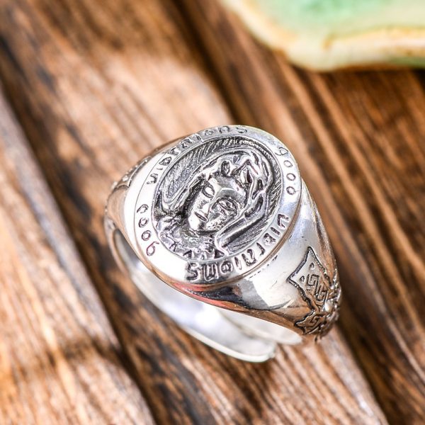 Retro Virgin Mary sterling silver ring for men, top view