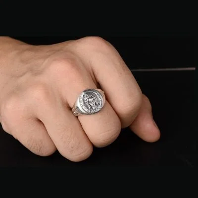 Virgin Mary Ring Retro String Silver wear view, silver ring for men or women, handmade