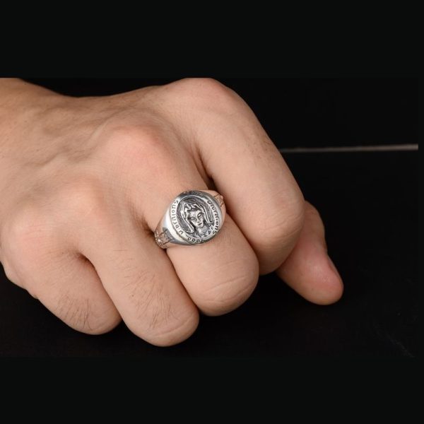 Virgin Mary Ring Retro String Silver wear view, silver ring for men or women, handmade