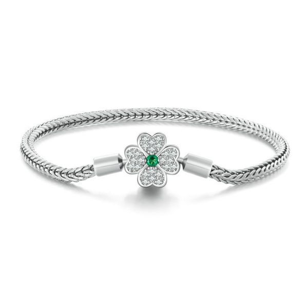 Women sterling Silver Snake Chain Bracelet With Four-Leaf Clover, Genuine 925 Sterling Silver