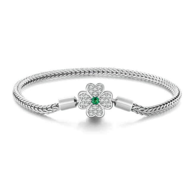 Women sterling Silver Snake Chain Bracelet With Four-Leaf Clover, Genuine 925 Sterling Silver